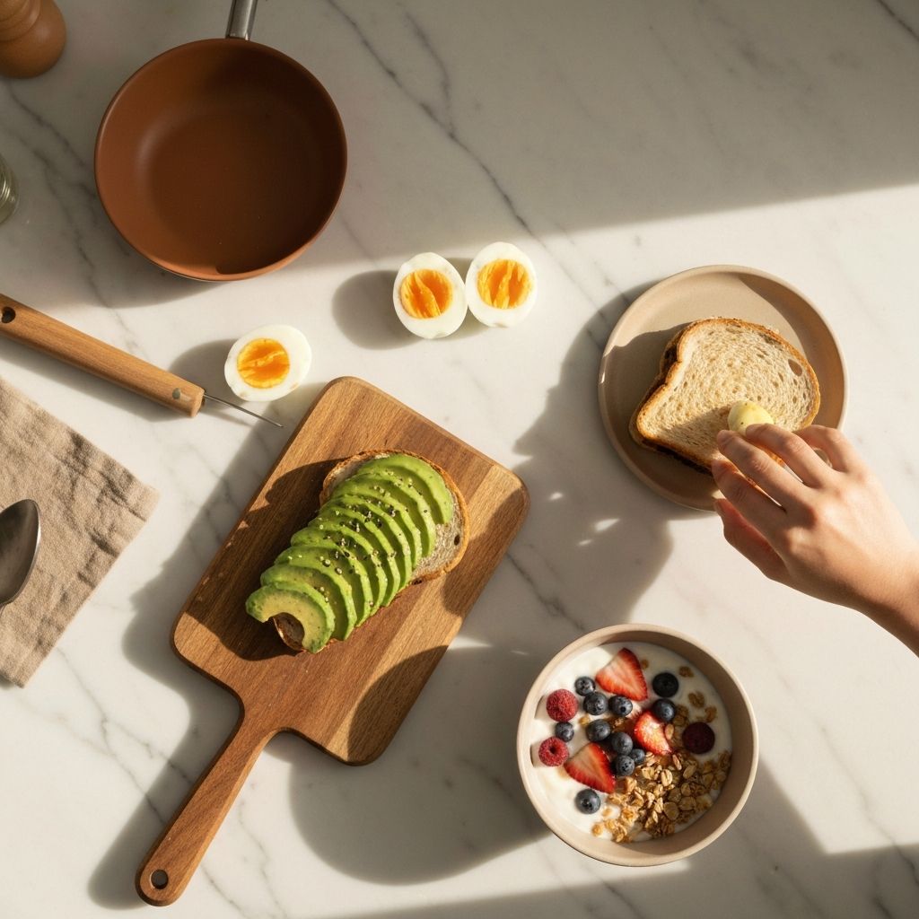 Simple beginner-friendly food spread including avocado toast, boiled eggs, yogurt bowl, and a sandwich on a clean kitchen counter